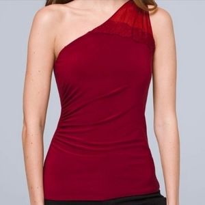 White House Black Market Red One Shoulder Blouse with Lace Trim SZ L